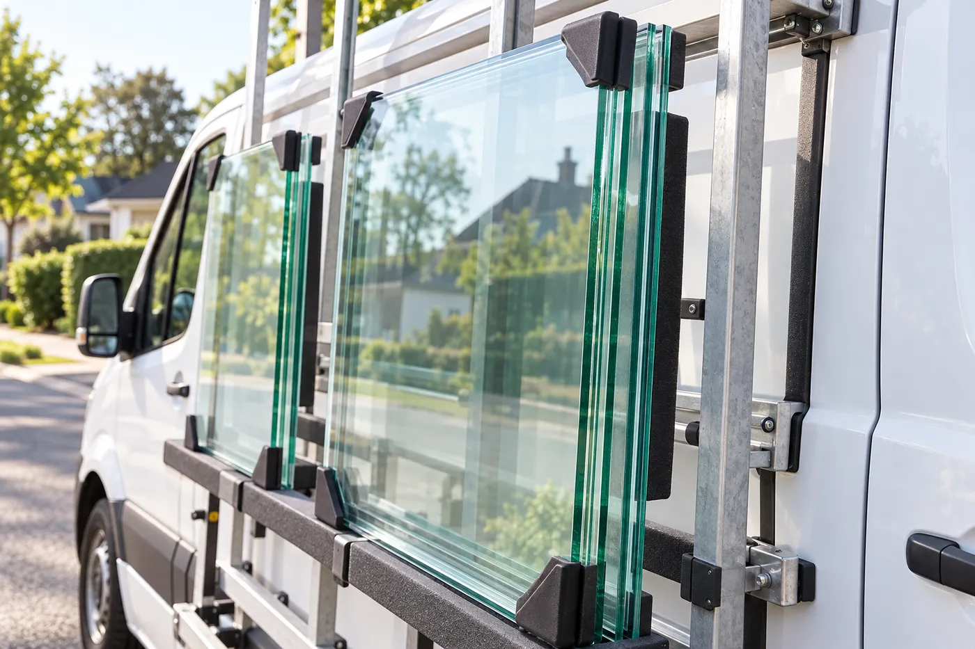 Vitrages feuilletés et trempés débités sur mesure, calés sur le chevalet de transport d'un utilitaire