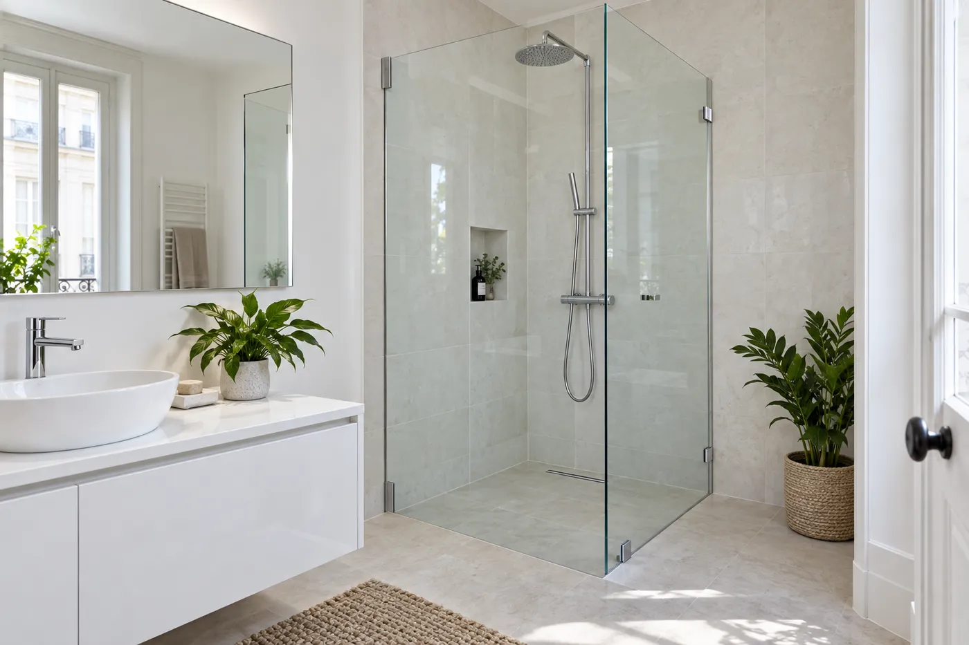 Paroi de douche en verre et grand miroir posés dans une salle de bains claire