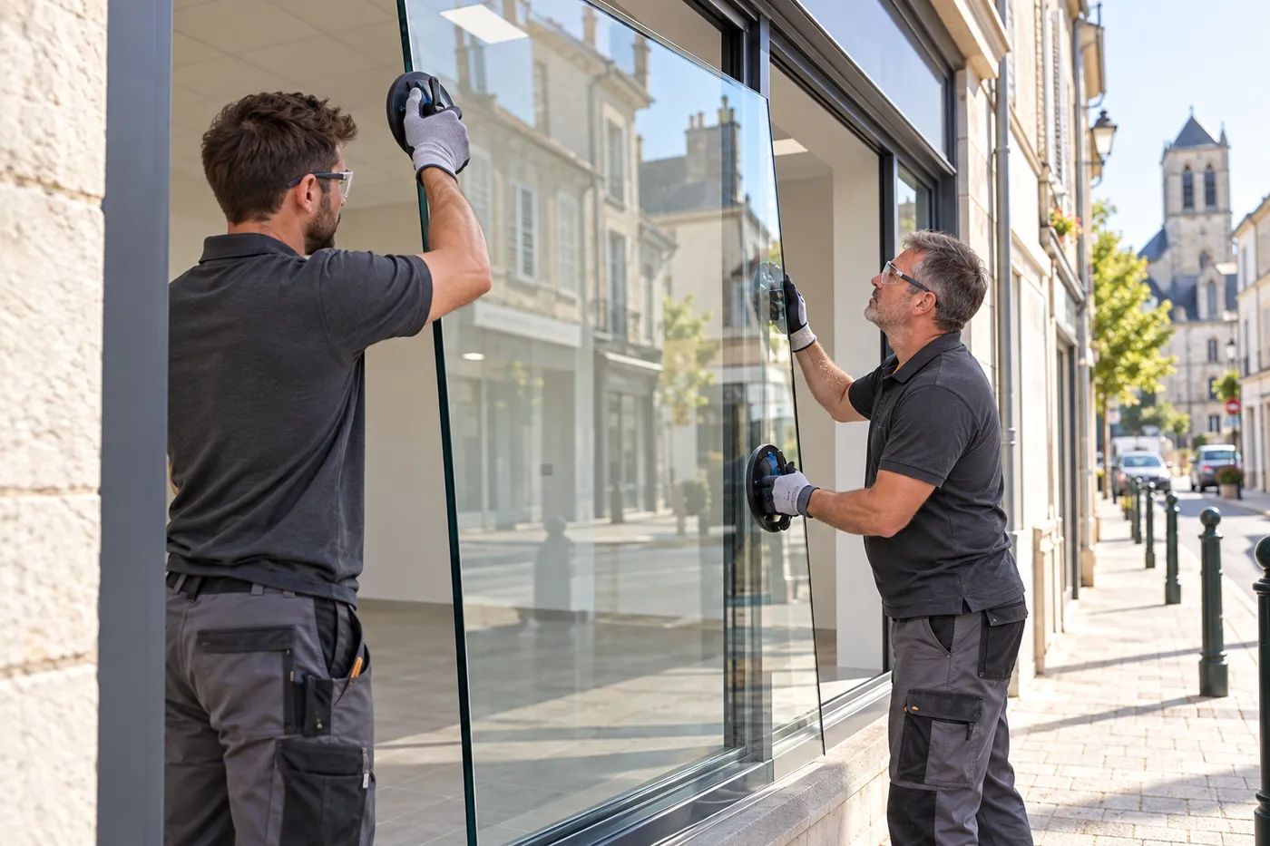 Deux vitriers posant un grand panneau de verre trempé à ventouses dans la devanture d'un commerce