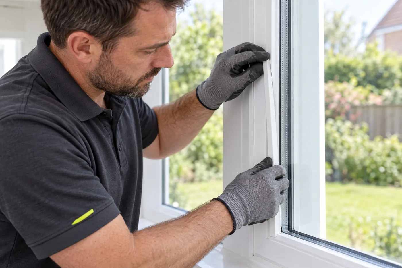 Vitrier refixant la parclose autour d'un double vitrage neuf posé dans une fenêtre blanche